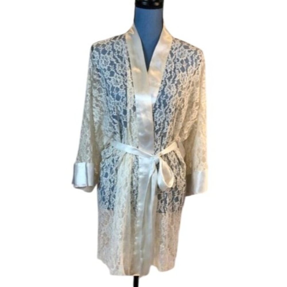 Victorias Secret Lace Kimono Robe One Size Fits Most Ivory & Satin Trim
